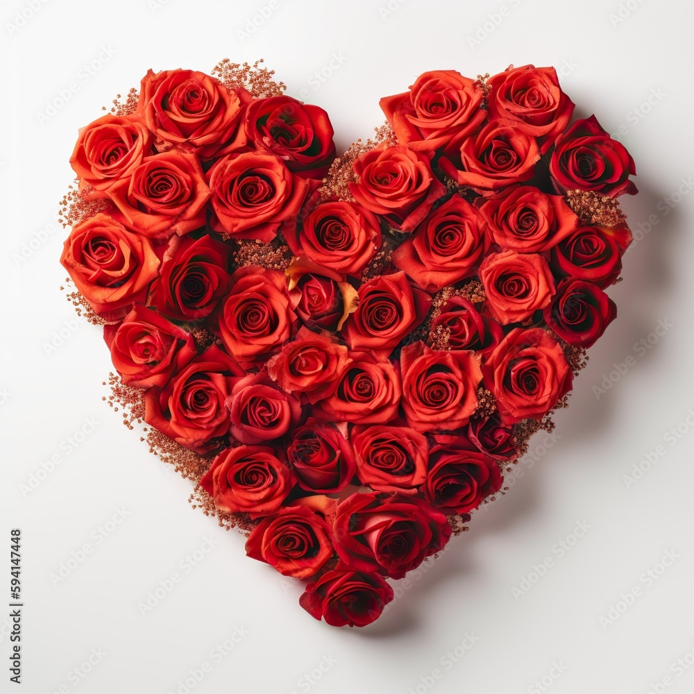 Heart made of beautiful red roses on a distinct white background, Generative AI Heart made of beautiful red roses on a distinct white background, Generative AI