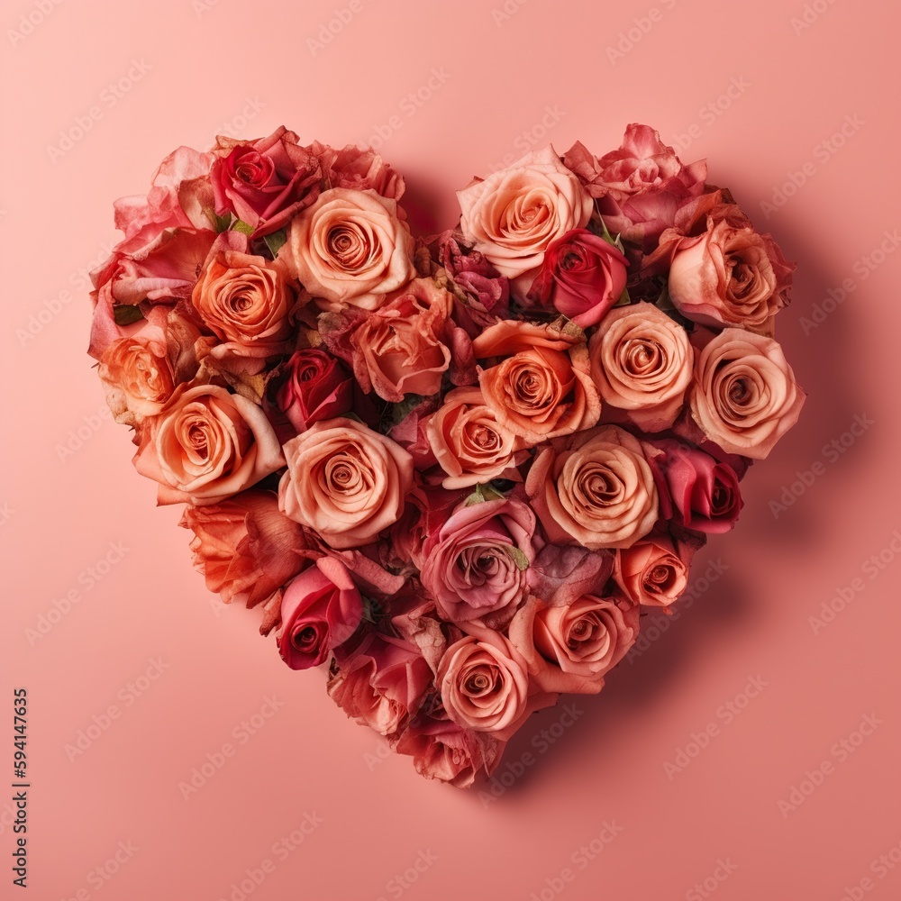 Heart made of beautiful different color roses on a light pink background, Generative AI Heart made of beautiful different color roses on a light pink background, Generative AI