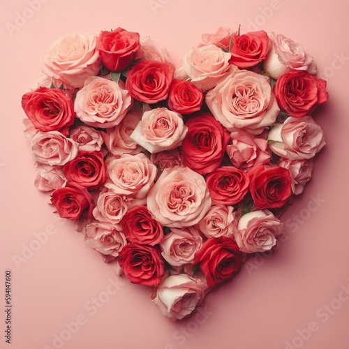 Heart made of beautiful different color roses on a light pink background  Generative AI