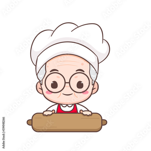 Cute Grandpa as Baker cartoon character Rolling Dough. Profession Concept design. Flat adorable chibi vector illustration. Isolated white background
