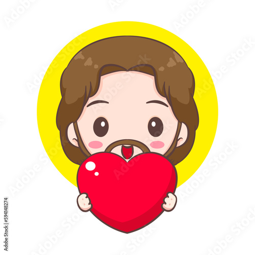 Cute Jesus cartoon character Holding Love. People Concept design. Flat adorable chibi vector illustration. Isolated white background