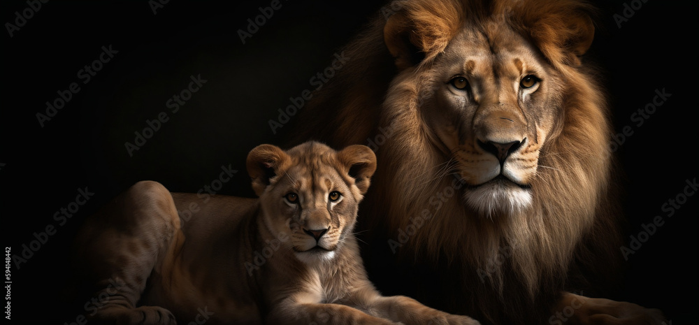 Portrait of a male lion and young baby cub on dark background, Generative AI