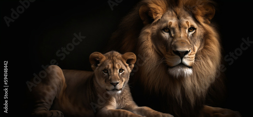 Portrait of a male lion and young baby cub on dark background  Generative AI