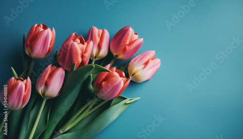 Bouquet of tulips on blue background, Happy Mother's Day, International Women's Day, Birthday concept, Generative AI