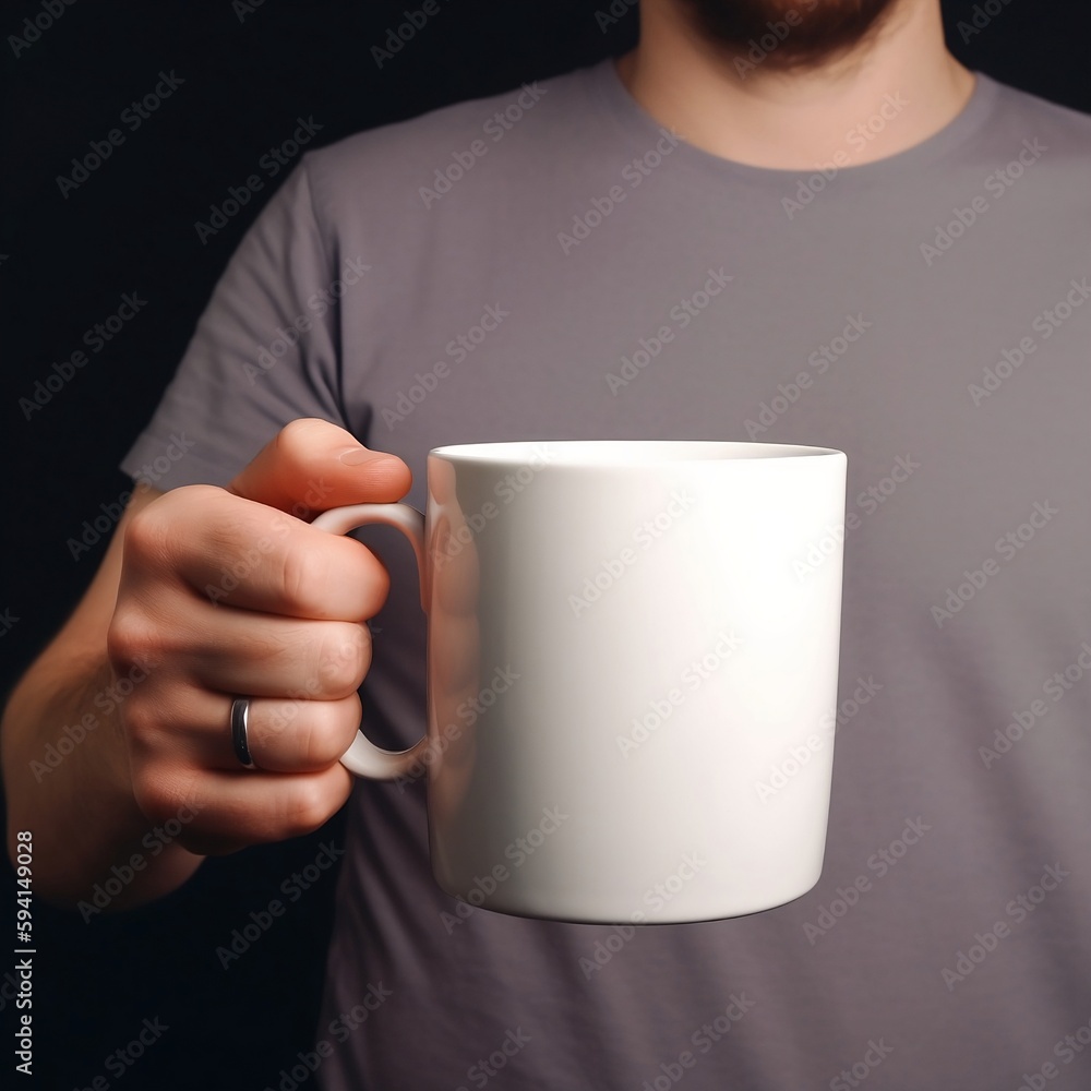 Man Holding A Plain White Mug, Generative AI Man Holding A Plain White Mug, Generative AI