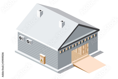 Isometric Warehouse. Large Building for the Distribution or Storage Goods. Logistic Object Isolated on White Background.