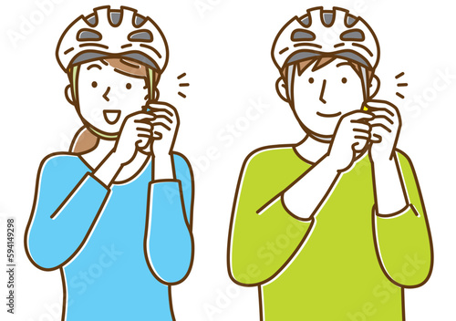 自転車のヘルメットをかぶる男性と女性のイラスト