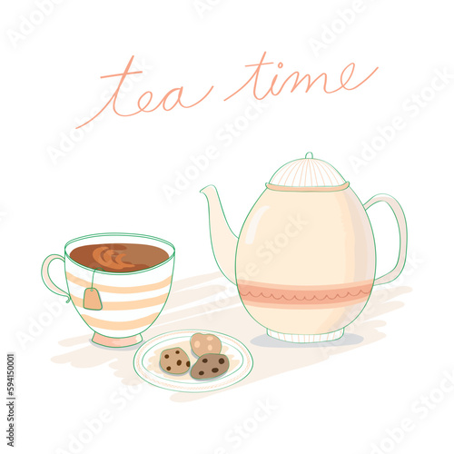 Hand Drawn Teapot and a Cup of Tea with Cookies vector illustration