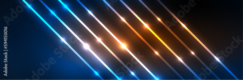 Shiny neon lights, dark abstract background with blurred magic neon light curved lines