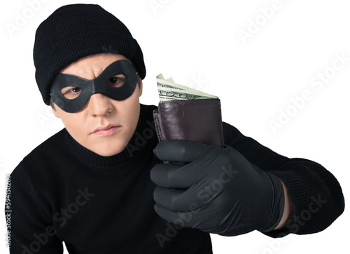 Murais de parede Thief in black wear holding wallet with money on white background