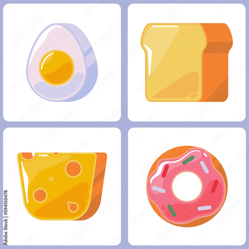 Set of four glossy icons. Food products for the design of the interface of online stores. Vector graphics. Multicolored flat minimalist illustrations with egg, bread, cheese, donut.