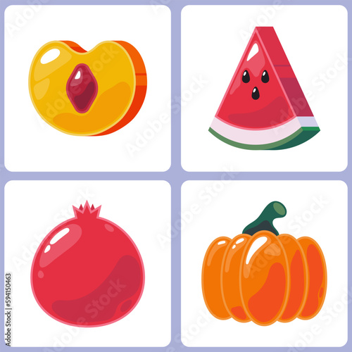 Set of four glossy icons. Food products for the design of the interface of online stores. Vector graphics. Multicolored flat minimalist illustrations with peach  watermelon  pomegranate  pumpkin. 