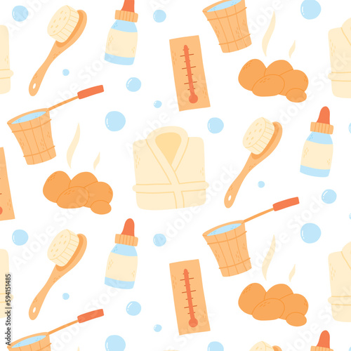 Seamless pattern with bath elements. Bath print in flat style. Vector illustration. Pattern with steam, bathrobe, brush, stones.