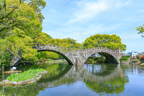 春の諫早公園の眼鏡橋 長崎県諫早市 Spectacles Bridge in Isahaya Park in spring. Nagasaki Pref, Isahaya city.