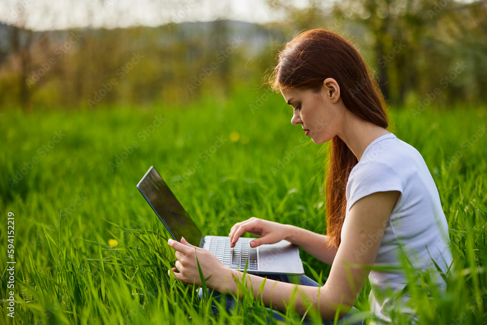 a woman in a light T-shirt sits in high green grass working at a laptop