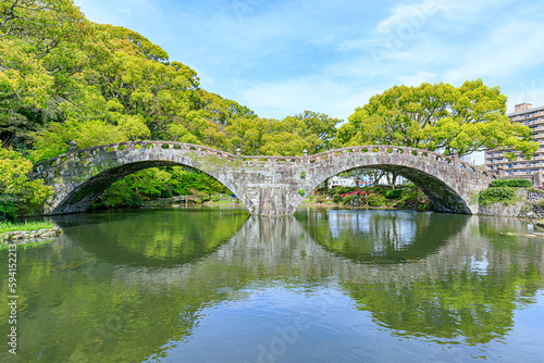 春の諫早公園の眼鏡橋 長崎県諫早市 Spectacles Bridge in Isahaya Park in spring. Nagasaki Pref, Isahaya city.