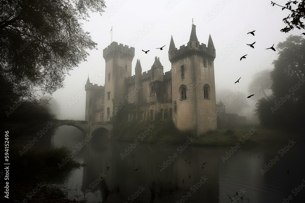 A dark, spooky castle looms in the distance. It's surrounded by a foggy moat, and there are bats flying around it. Generative AI
