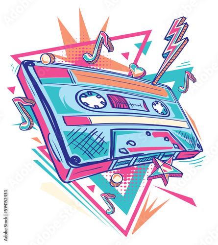 Drawn colorful musical audio cassette design