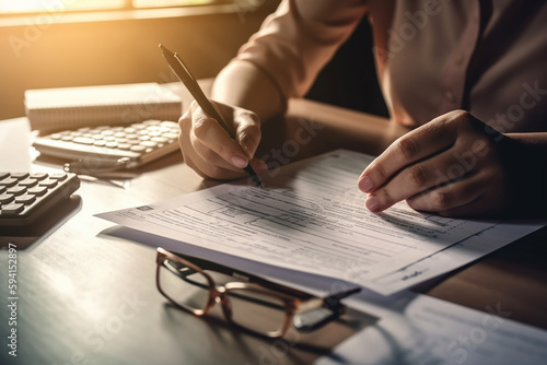 Closeup woman filling form of Individual Income Tax Return,