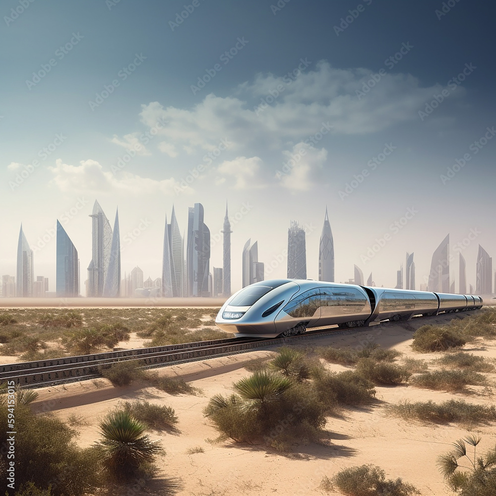 Concept of magnetic levitation train moving on the skyway across desert. Modern transport.