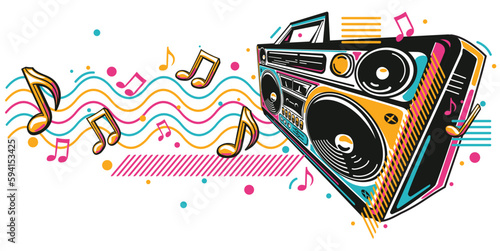 Music design - colorful boom box tape recorder and musical notes
