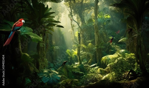 Discover the exotic beauty of parrots in the rainforest Creating using generative AI tools © uhdenis