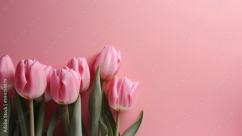 pink tulips on a pink wall, isolated background, blank empty, template mother day, Generative AI
