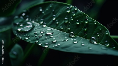 Green leaf with raindrops, close-up, macro view, generative AI