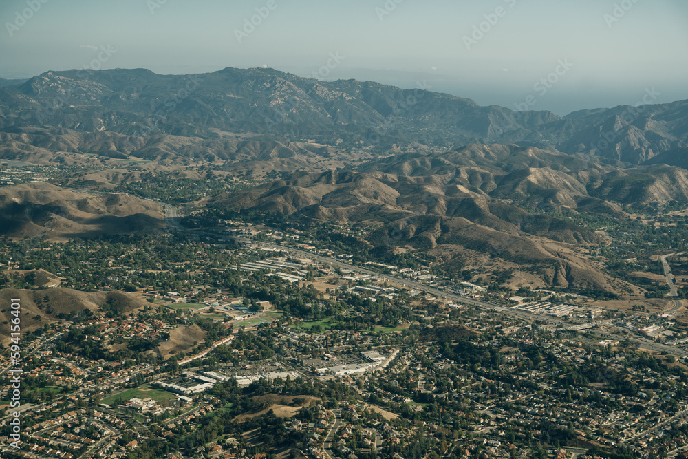 Aerial of suburban cul-de-sacs in the Stevenson Ranch community of Los Angeles County California.
