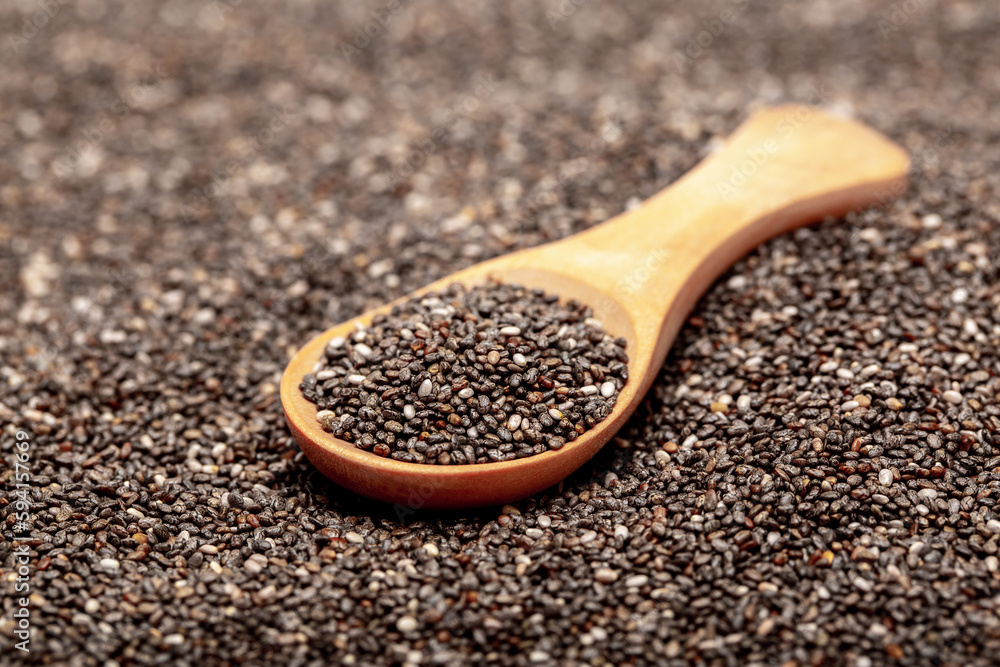 Chia seeds close-up with a wooden spoon. Chia seeds macro. Dry healthy supplement for proper nutrition. Chia seeds close-up with a wooden spoon. Chia seeds macro. Dry healthy supplement for proper nutrition.