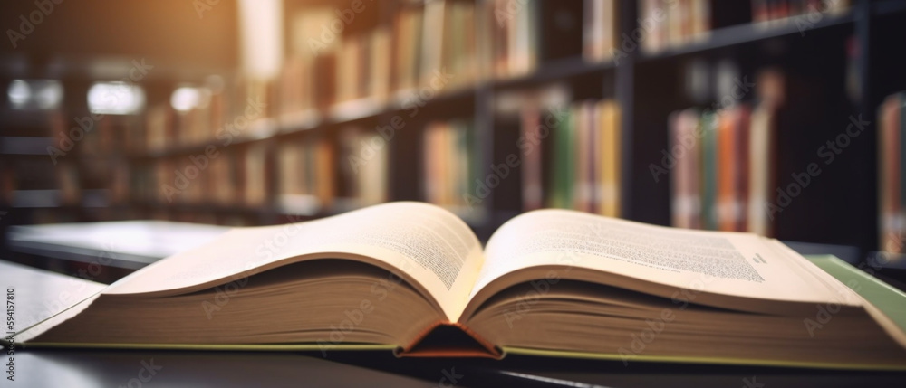 The Book Day concept of education and learning is shown with a book being opened in an old library and a classroom full of book shelves in the blurred background. Generative AI The Book Day concept of education and learning is shown with a book being opened in an old library and a classroom full of book shelves in the blurred background. Generative AI
