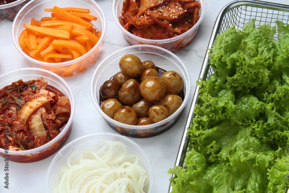 Freshly prepared assorted ingredients of Korean food