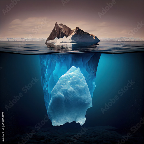 An awe-inspiring view of a massive iceberg floating underwater, with its majestic size and beauty captured in stunning detail. Perfect for nature and travel themes. AI Generative.