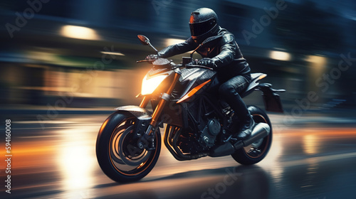 Biker rides at the city streets in the night. Blurred motion, fast speed. Photorealistic illustration generated by Ai