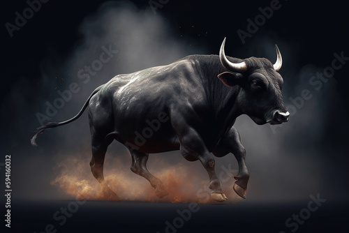 Majestic black bull running in the clouds of dust, stunning photorealistic illustration generated by Ai © Cheport
