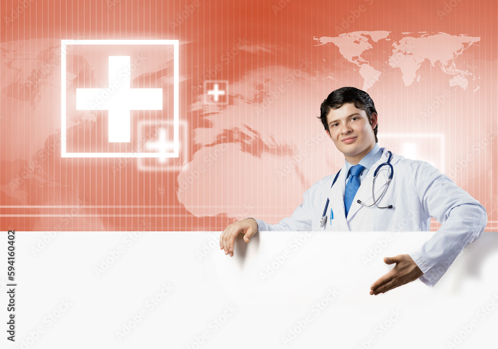 Doctor with banner Doctor with banner