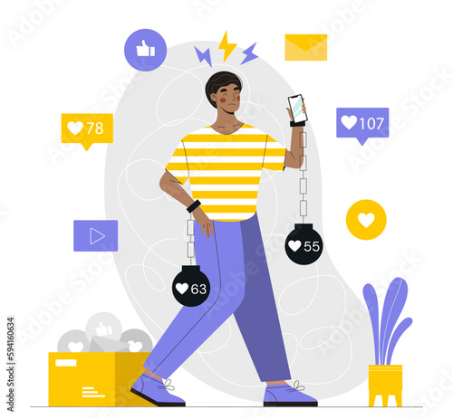 Phone addiction concept. Man with weights on his hands holds gadget or device in hand. Social networks and messengers. Communication and interaction on Internet. Cartoon flat vector illustration