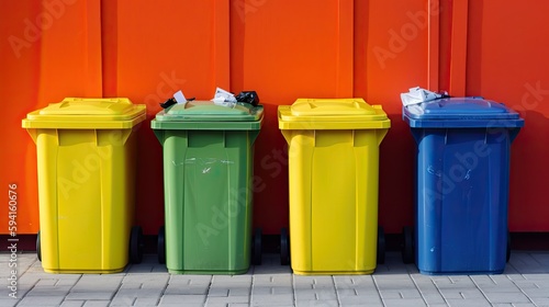 Colorful recycling bins near a wall. Generative AI © AdriFerrer