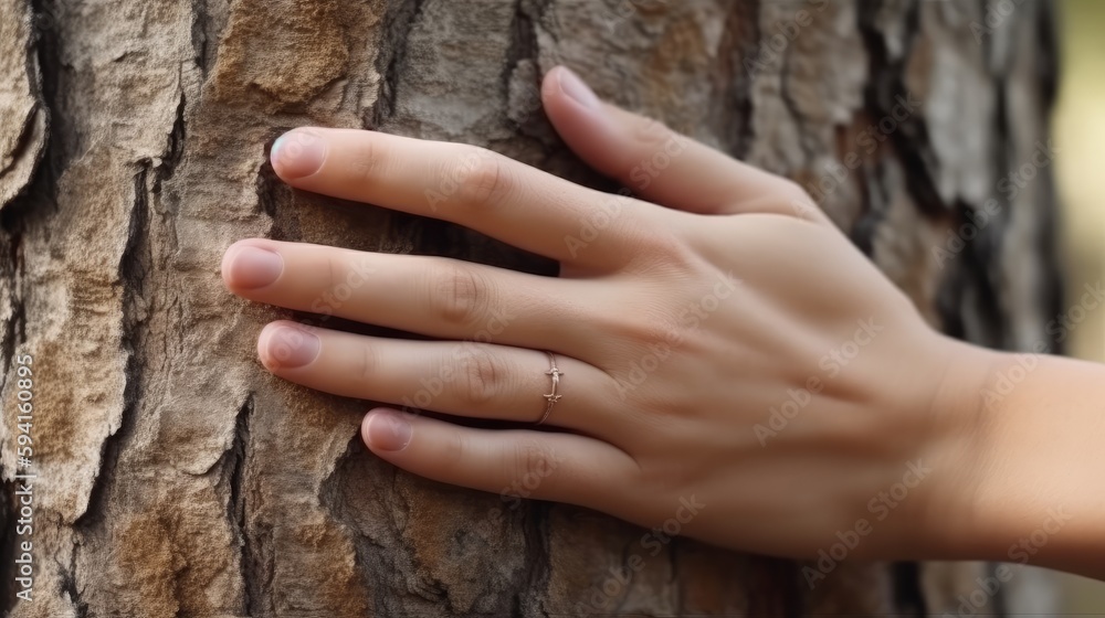 Nature lover hand touching tree. Generative AI Nature lover hand touching tree. Generative AI