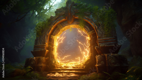 Fantasy landscape with a portal archway. Ancient magical stone gate show another dimension reality. generative AI.