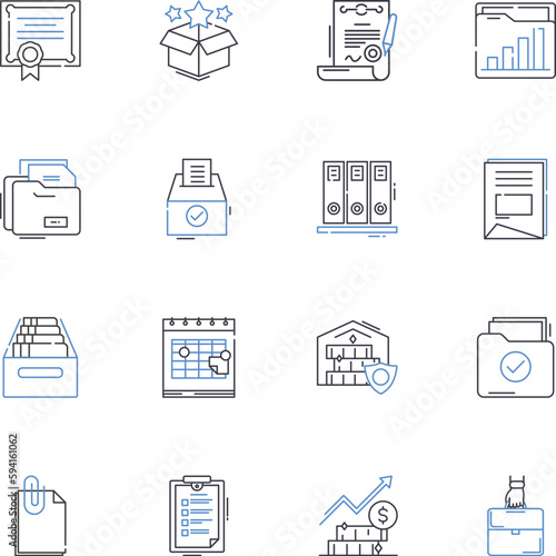 Organization archives line icons collection. Preservation, Accessible, Catalogs, Documentation, Resources, Knowledge, Records vector and linear illustration. Archives,Collection,Valuable outline signs