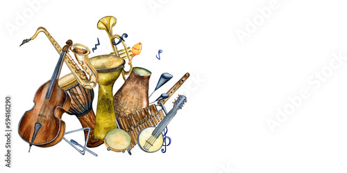 Photography Composition of variouse percussion musical instruments watercolor illustration isolated