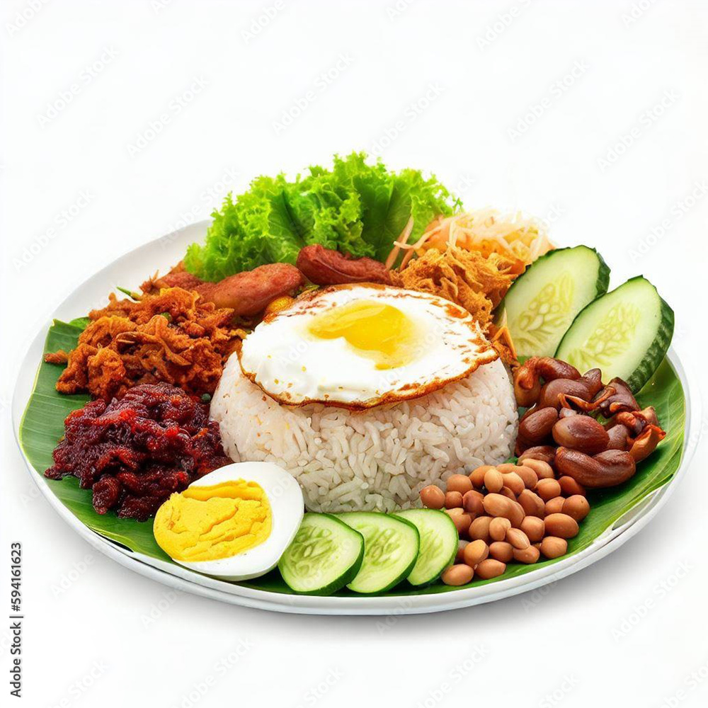 Nasi lemak in white background. Nasi lemak is a popular Malaysian dish consisting of coconut rice, anchovies, peanuts, cucumber, sambal, and various side dishes. Nasi lemak in white background. Nasi lemak is a popular Malaysian dish consisting of coconut rice, anchovies, peanuts, cucumber, sambal, and various side dishes.