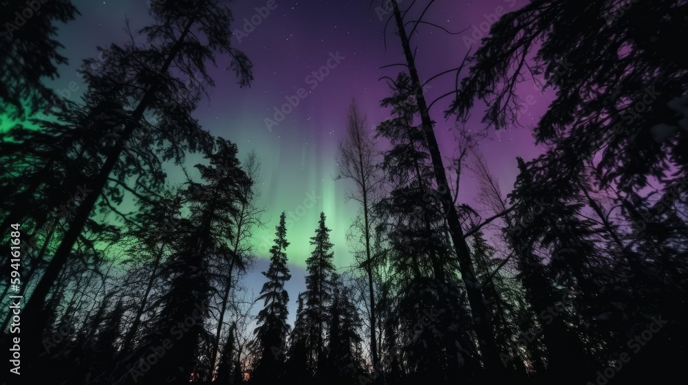Generative AI of purple and green northern light on forest. Generative AI of purple and green northern light on forest.
