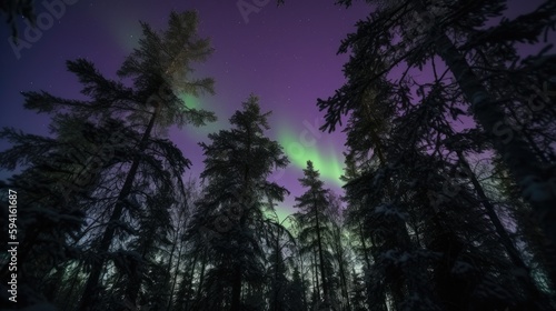 Generative AI of purple and green northern light on forest.