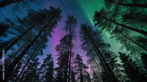 Generative AI of purple and green northern light on forest. © AdriFerrer