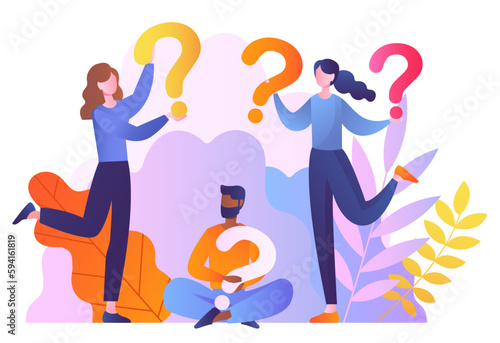 People with question mark concept. Man and women with questions, inquisitive woman characters. Brainstorming and teamwork. FAQ and consultation. Cartoon flat vector illustration