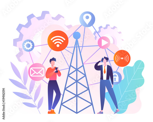 Men near radio. Wireless internet, 5g. Modern technologies and digital world, cyberspace. Online communication and connection. Men with devices in city. Cartoon flat vector illustration