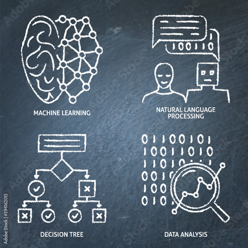 Data analysis and machine learning chalkboard icon set