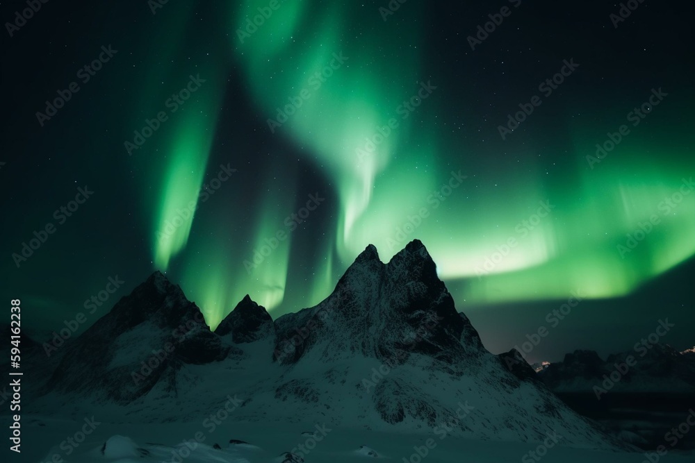 Aurora borealis over in the dark night sky with snowy mountains. Generative AI